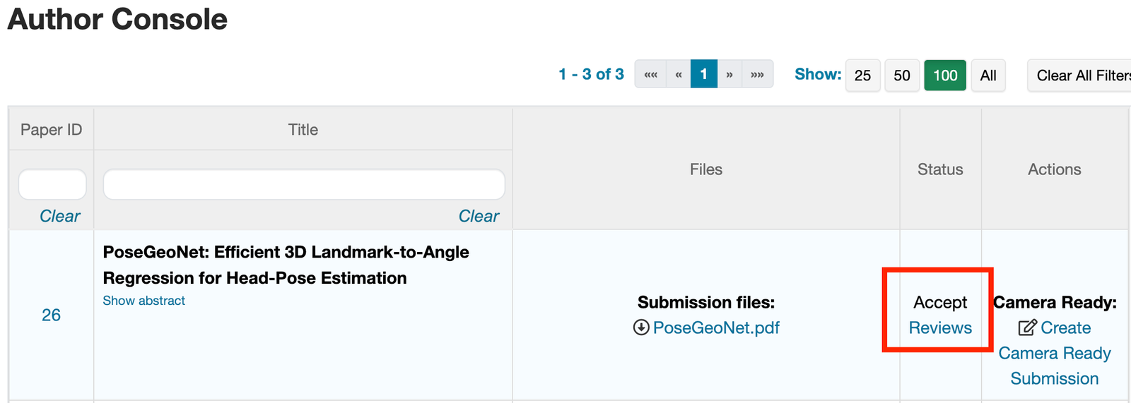 CMT Author Console submission view with review access